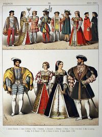 Plate 68. Tudor Era, 1500-1550, French: Admiral d'Amboise, Anne of Brittany, Francis I (1547), Eleanor of Austria, Queen Claudia (1524). "Costumes of All Nations" (1882) by Albert Kretschmer & Carl Rohrbach | Wikimedia