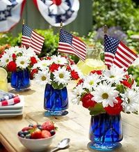 4th of July Centerpieces - use blue tinted water in clear recycled jars