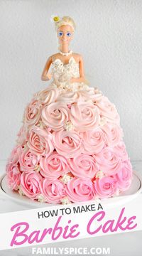 This Barbie cake makes the perfect birthday cake for any Barbie lover! You can use any type of doll you want and any color scheme. I share my tips on how to make this pink ombre cake with rosettes. -- FamilySpice.com