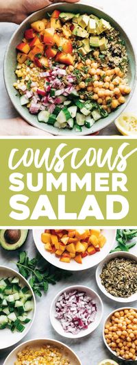 Couscous Summer Salad! Spiced couscous, juicy nectarines, crunchy cucumber, avocado, chickpeas, cherries, sweet corn, and mint. It's sunshine in a bowl! #salad #summer #vegetarian #vegan #recipe #healthy | pinchofyum.com