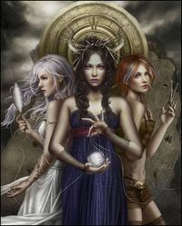 In Greek mythology, the Moirai often known in English as the Fates were the incarnations of destiny. Clotho (spinner), Lachesis (allotter) and Atropos (literally 'unturnable' but metaphorically 'inflexible' or 'inevitable' – i.e. death).