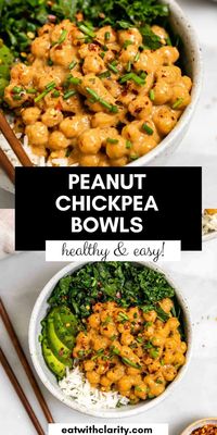 These peanut chickpea veggie bowls are easy to make, high in vegan and plant based protein and are the perfect 20 minutes dinner recipe. Perfect for a meal prep bowl!