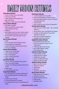 The moon moves through each zodiac every ~29 days and spends ~2 days in each sign. Create daily moon rituals around the astrological signs to attune yourself moon with the magic of the moon. Moon Manifesting Formula: Intention + Moon Phase + Zodiac = easier manifesting