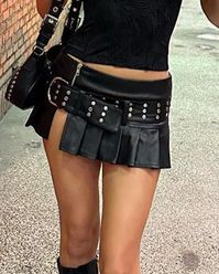 Black Pleated Belted Slit Micro Mini Skirt