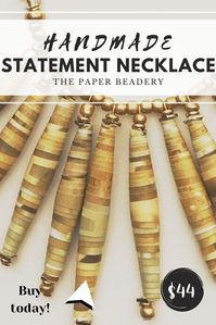 This statement bead bib necklace is the best accessory for your look. Handmade paper bead jewelry is lightweight and comfortable to wear. It gives your style the statement it needs! Love what you see? Get it before it's gone! Each piece is one of a kind! Buy your chunky lightweight necklace today! FREE SHIPPING #chunkynecklaces #statementnecklace #goldnecklace #trendyjewelry