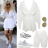 House of CB Amber White Oversized Shirt Dress (£99.00), The Naked Wardrobe Shorts ($46.00 – set), Porsche Design P8478 Sunglasses ($285.69) and Adidas x Yeezy Boost 350 V2 Sneakers ($545.00).