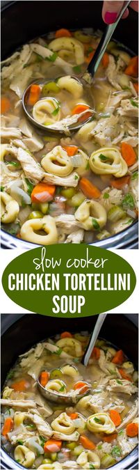 Super Easy Slow Cooker Chicken Tortellini Soup. Loaded with tons of veggies, shredded chicken and cheesy tortellini!