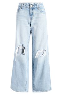 A baggy fit and slashed rips lend an edgier take on casual wide-leg jeans cut from nonstretch denim in a light wash. 32" inseam; 22" leg opening; 10" front rise; 14" back rise (size 29) Zip fly with button closure Five-pocket style 100% cotton Machine wash, line dry Imported