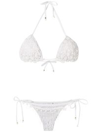 White beaded embroidery bikini set from Amir Slama featuring a triangle top, a back tie fastening, side tie fastenings, beaded embroidery, a stretch fit, an elasticated trim, a lining and fresh touch. This item is true to fit.