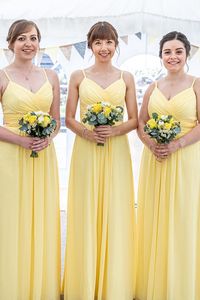 Modsele yellow long bridesmaid dress features V-neck, spaghetti straps and A-line gathered skirt.#wedding#bridesmaiddresses#weddingguestdresses