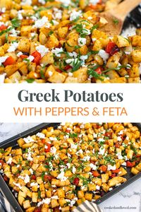 These flavourful Greek roasted potatoes are a little spiced and a little lemony, with the sweetness of red peppers and the saltiness of feta. Serve these sheet-pan Greek potatoes as a side dish, breakfast potatoes or a main, they are gluten-free and vegetarian-friendly. A delicious Greek roasted potato recipe! via @irena_macri