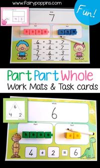 These part part whole activities help kids learn about partitioning and fact families. The activities include hands-on work mats, task cards and worksheets that can be differentiated to meet the needs of students. #partpartwhole #partitioning #factfamilies #kindergartenmath #firstgrademath #secondgrademath #mathcenters