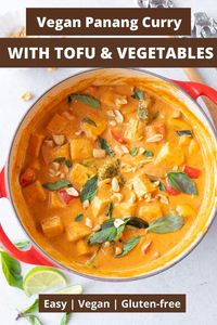 This authentic Vegan Panang Curry with Tofu and Vegetables is rich and creamy with a balance of sweet and spicy flavors, and so easy to make in under 30 minutes. This vegetarian and gluten-free Thai curry served with jasmine rice is a hit with the whole family | Vegan yummy | panang curry recipe | pipingpotcurry.com