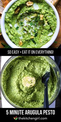 How to make pesto with arugula and walnuts. This easy spread is delicious on everything, budget-friendly, and perfect for any season! #arugula #pesto #glutenfree