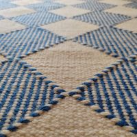 Sizes – 1.2 x 1.8m Construction – Hand woven flatweave rug Composition – 100% New Zealand wool Country of origin – Bhadohi, Uttar Pradesh, India Colour ways – Marine Blue & Off White Custom options available