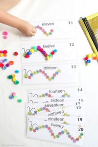 Printable numbers 11-20 is a toddler / preschooler fine motor skills busy bag with number recognition, word reinforcement and color matching. English, Spanish & French.