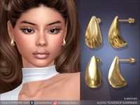 Chunky teardrop-shaped earrings come in 4 colors of metal: yellow gold, white gold, rose gold and black plated. * 8 swatches * Base game compatible, feminine style choice, disallowed for random. * HQ textures/ HQ settings compatible * Custom thumbnails * Properly tagged color swatches