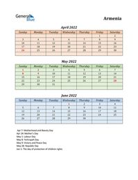 Free quarterly calendar for Armenia with holidays. Holiday calendars in PDF, Word, and Excel are printable and easy to customize.