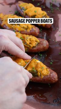 1hr · 6 servings     Full recipe: https://www.chilesandsmoke.com/sausage-popper-boats/  Ingredients   • 5 full-length sausages, with casing  • 4 oz cream cheese, cold  • 20–25 slices of Smoked Pickled Jalapenos, or of your choosing  • 1 cup of shredded sharp cheddar cheese  • (optional) BBQ seasoning of choice