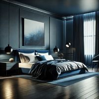 The bedroom features dark blue walls, a matching bed with white bedding, and sleek contemporary furniture. A large window with dark blue curtains lets in natural light, highlighting the polished wood floor. A modern nightstand with a lamp and abstract art above the headboard add elegance and calm.