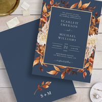 Navy Blue Fall Floral Wedding Invitation. This elegant wedding invitation features beautiful hand-painted watercolor burnt orange and terracotta leaves, cream and beige dahlias, and beautiful rust and brown roses on a white background, perfect for an autumn wedding! The back of the invite has a beautiful branch of leaves with the bride and groom's monogram. Find matching items in the Navy Blue Autumn Romance Wedding Collection.