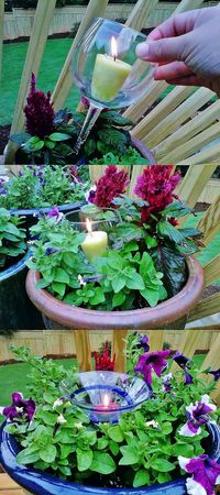 Repurpose broken stemware. Pop in a citronella candle and then put glass down in plant. Pretty at night and keeps bugs away! @ Do It Yourself Pins