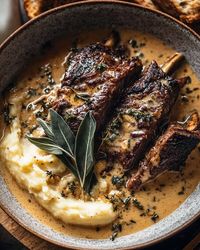 Indulge in tender braised short ribs with creamy herb sauce. A rich, flavorful dish perfect for comfort and elegance.