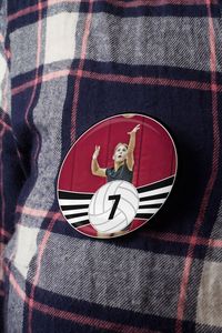 Make your own customized round button pin for volleyball players and fans! Just click "personalize this template" and type the volleyball player's jersey number or initials/school letters in the custom text box. Then click the [Change] button next to the placeholder image and replace it with your own volleyball action shot or portrait from picture day.