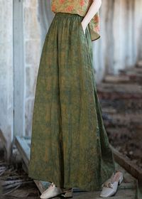 Chic Green Print Pockets Linen Wide Leg Pants SummerFabric: Cotton 45%, Linen 55%Size & Fit: This garment fits true to size.Length: Size XL measures 36.27"from waist to hem.Waist:Fitted - elastic waist allows stretch Hip: Loosely Fitted. room for hips. Hand Wash Cold.