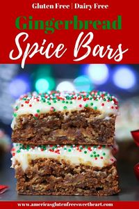 Incredibly moist, soft, and chewy Gingerbread Spice Bars. These Christmas cookie bars are easy to make and super simple. These holiday bars are gluten free and have a cream cheese frosting with a dairy free option. The perfect festive Christmas cookie. #easycookiebars #gingerbreadcookiebars #christmascookiebars #easycookierecipe #easyrecipes #christmasdessertrecipes #gingerbreadrecipes #holidaycookies #holidaydesserts #glutenfreeanddairyfree #glutenanddairyfree #bobsredmill