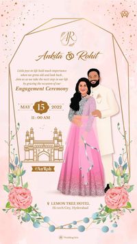 Engagement invitation with a backdrop of enchanting watercolor and floral designs. Adorned with the iconic Charminar monument of Hyderabad, our invitation beautifully blends tradition and heritage. #engagement #ringceremony #engagementinvitation #engagementinvite #ringceremonycards #engagementcards #rokaceremony #watercolortheme #floraltheme #engagementideas #indianengagement #engagementoutfits #chaarminar #hyderabad #weddingartz