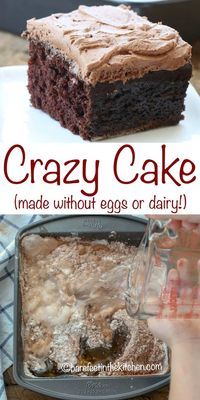 Also called a Wacky Cake, Depression Cake or War Cake, this Chocolate Crazy Cake is a simple chocolate cake that requires no dairy and no eggs. The Crazy Cake was created during World War I when ingredients were difficult to find and purchase.