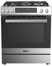 Hamilton Beach HBRD37AMZ 30” Dual Fuel Gas Range Stove and Electric Oven with LED Touch Control, 5 Cooktop Burners, Heavy-Duty Metal Knobs, Cast Iron Grates, and Stainless Steel Cooking Racks