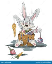 A playful grey bunny with wide eyes explores a box of colourful Christmas decorations, including ornaments, beads, candy canes, and stars