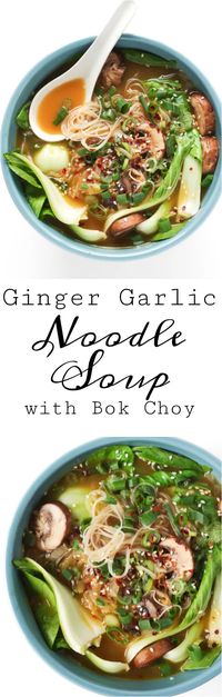 Ginger Garlic Noodle Soup with Bok Choy. An easy and healthy 15-minute lunch or dinner! #soup #noodles #easydinner #vegetarian #dairyfree #garlic #healthy | For this recipe and more visit, https://theforkedspoon.com