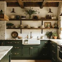 I love the combination of green cabinets and wood accents in a kitchen because it creates a natural and calming atmosphere.