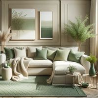 sage green and beige living room