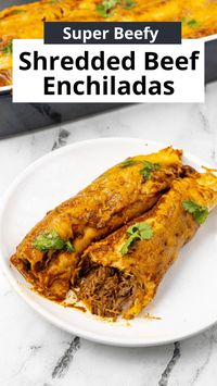 : Tender and juicy shredded beef ( cooked in a crock pot) wrapped in warm tortillas and smothered in red sauce and melted cheese. This shredded beef enchilada recipe is easy, simple, and delicious.