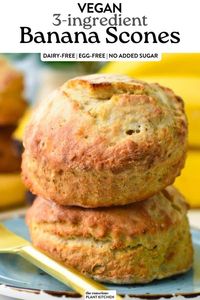 These Banana Scones are easy 3-ingredient vegan banana bread scones. They are easy to make in less than 30 minutes, oil-free, and easy to customize by adding nuts, maple glaze, or chocolate chips