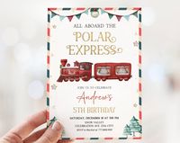 "This Polar Express birthday invitation is perfect to print or share by email, text, social media or send with paperlesspost.com. 5x7\" editable invitation card, download as JPG or PDF (2 per page available). ▶ Try before you buy! Follow or Copy and paste the URL below to demo: https://www.corjl.com/d/18FI29 ▶ Edit your items at Corjl.com right after purchasing. - No waiting! You'll have access to your item right after purchasing. - No need to download any software. Personalize this item right i