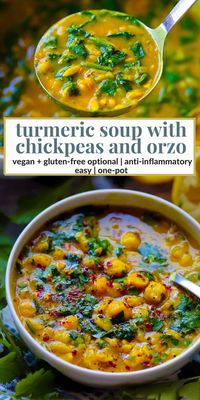 This anti-inflammatory, healthy turmeric soup has chickpeas, whole wheat orzo (or rice, for a gluten-free option), tons of fresh spinach, and a generous amount of fresh lemon juice. It's incredibly delicious and flavorful, vegan (as long as you use vegetable broth, but you can use bone broth for a nutrition boost!), and so easy to make in one pot!