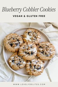 These Blueberry Cobbler Cookies taste like a slice of blueberry cobbler but in a bite sized cookie form. The perfect vegan and gluten free cookies for summer! As written, these blueberry cookies are gluten free, vegan and dairy free. These easy & healthy cookies are made with almond flour and frozen blueberries.