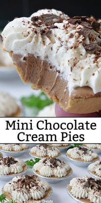 These rich and delicious mini chocolate cream pies are a decadent chocolate lover's dream. They are made with pre-made mini pie crusts, a smooth and creamy chocolate pie filling, and homemade whipped cream. This is an easy and delicious mini dessert recipe the whole family will enjoy.