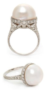 An Edwardian platinum, Mabe pearl and diamond ring.