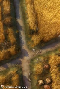 Elevate your Dungeons & Dragons experience with this stunning farm fields battlemap. Bring your adventures to life with immersive scenery and engaging roleplaying opportunities. Tall grasses on both sides of the road means many places to hide and ambush. The rustle of the wheat is calming, but you force yourself to keep alert.