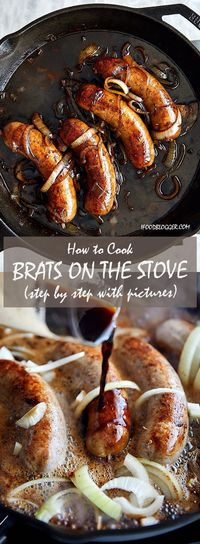 How to Cook Brats on the Stove - with step by step instructions - method 2 - with onions and malty beer - the best! | ifoodblogger.com