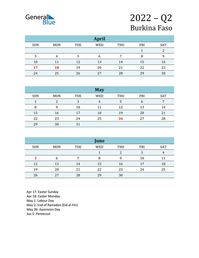 Free quarterly calendar for Burkina Faso with holidays. Holiday calendars in PDF, Word, and Excel are printable and easy to customize.