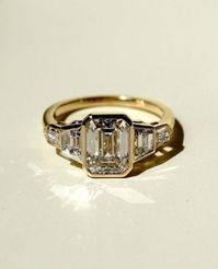 Bezel Set Five Stone Ring 3.0CTW D Color Emerald Cut Moissanite Engagement Ring