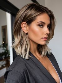 Modern, chic, and perfect for any setting, this shoulder-length bob with balayage highlights offers a sophisticated look for the contemporary woman. The combination of cool blonde and warm brunette shades adds depth and dimension, making it a versatile choice for summer.