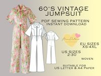 60's Vintage Jumpsuit Sewing Pattern, PDF Sewing Pattern, Easy Digital Pdf, US Sizes 2-30, Eu Xs-4xl, Plus Size Pattern, Dungarees -This product is jumpsuit PDF pattern.  When you purchase this pattern, you will receive a digital (pdf) sewing pattern and instructions. Once your payment processes, you will automatically receive a download links of pattern files. If you have any problem accessing the files, please don't hesitate to contact me.  IT IS A DIGITAL PRODUCT. -THIS IS A DIGITAL PRODUCT -